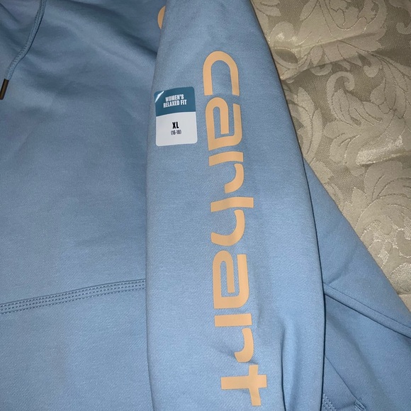 NWT Carhartt Logo Relaxed Fit Pullover Hoodie Women’s Sz XL (16-18) Light Blue - Picture 2 of 4